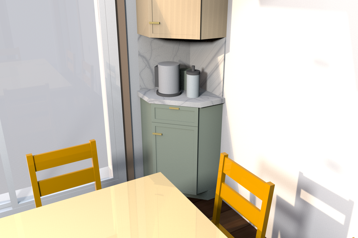 The coffee corner as drawn in v0.1.15 and v0.2.2, from beside the table: B15 RD-12 (drawer over door) and W1530 at 45°, 580F Painted Sage below, maple above, quartz top and backsplash