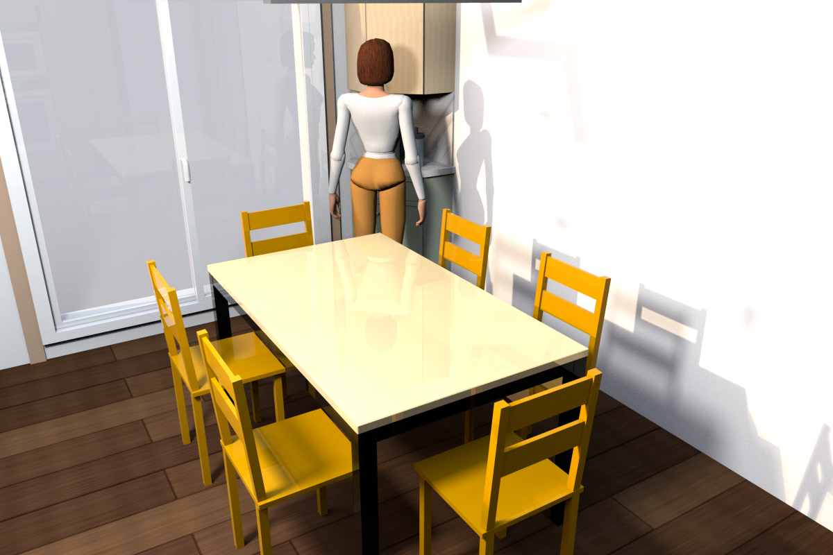 Everyday use, from the kitchen: nobody at the table, chairs pushed in, one person at the kettle