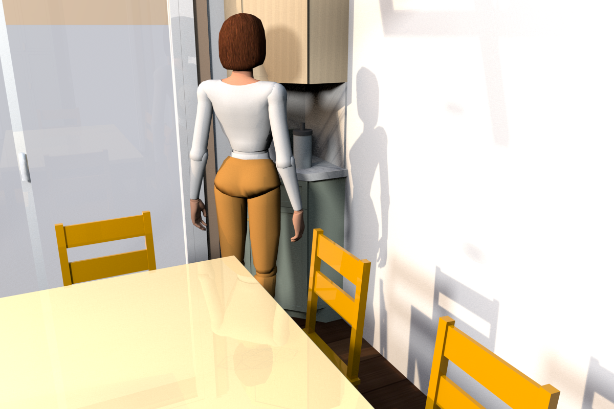 Everyday use, from the south end of the table: the person at the kettle between the pushed-in chairs
