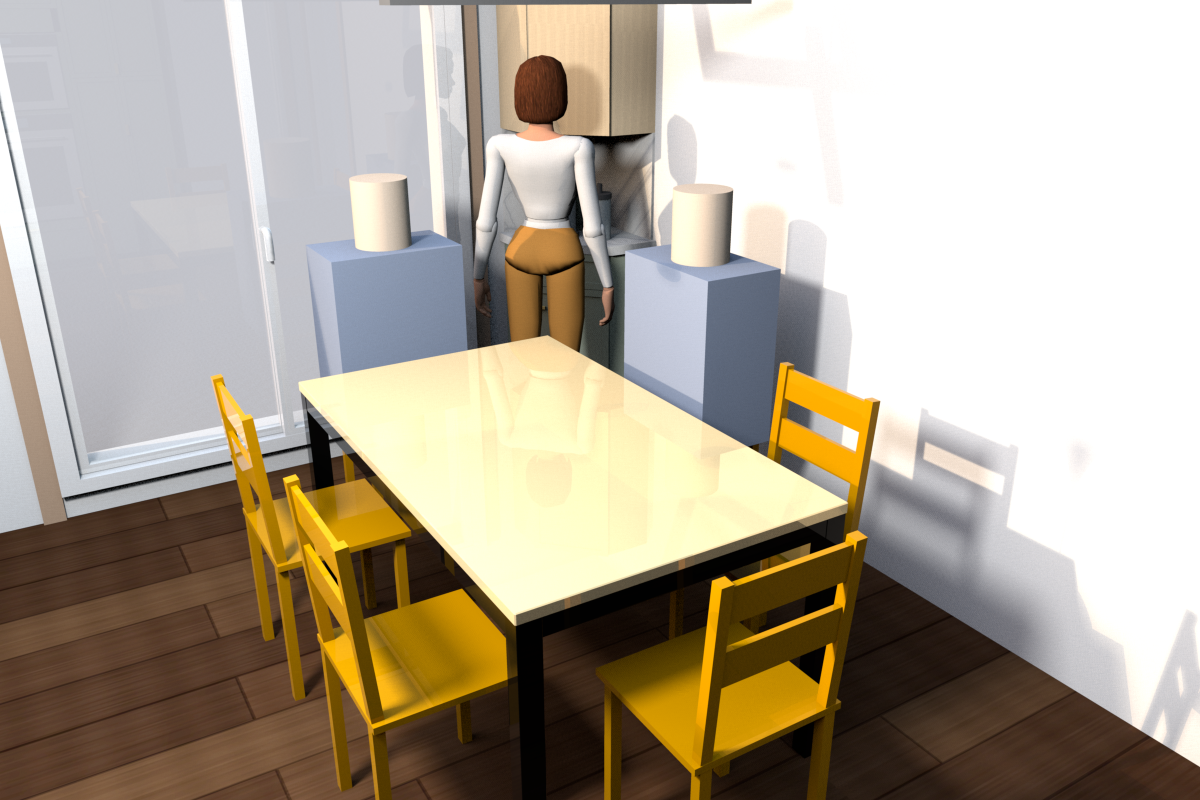 With people at the table: an average adult seated at the north end and on the wall side nearest the corner, someone at the kettle between them
