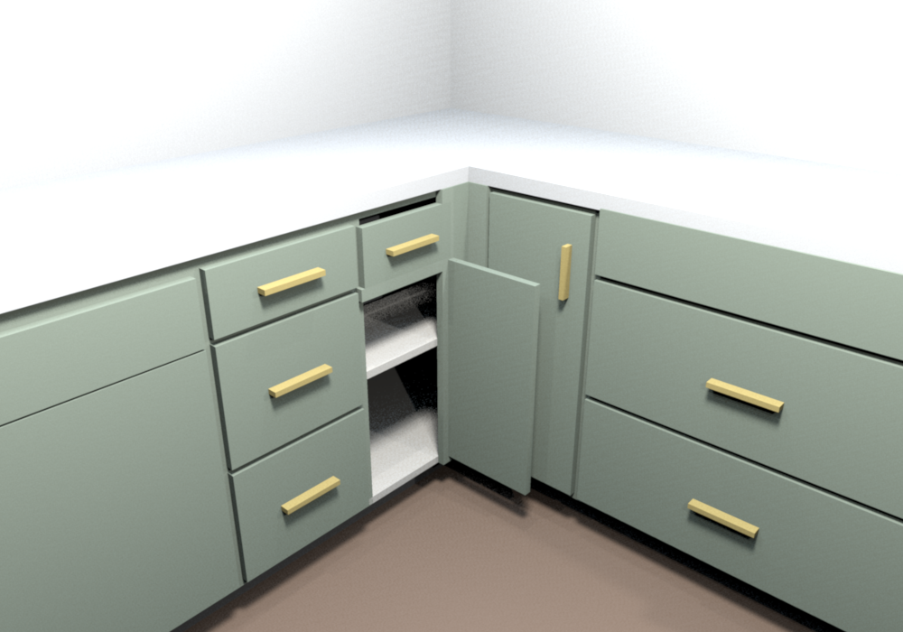 Corner B: BLB36/39 blind corner, 27 in box pulled 12 in off the wall, 12 in door and drawer, needs 37 to 40 in of sink-run wall instead of 36 (B15 becomes B12)