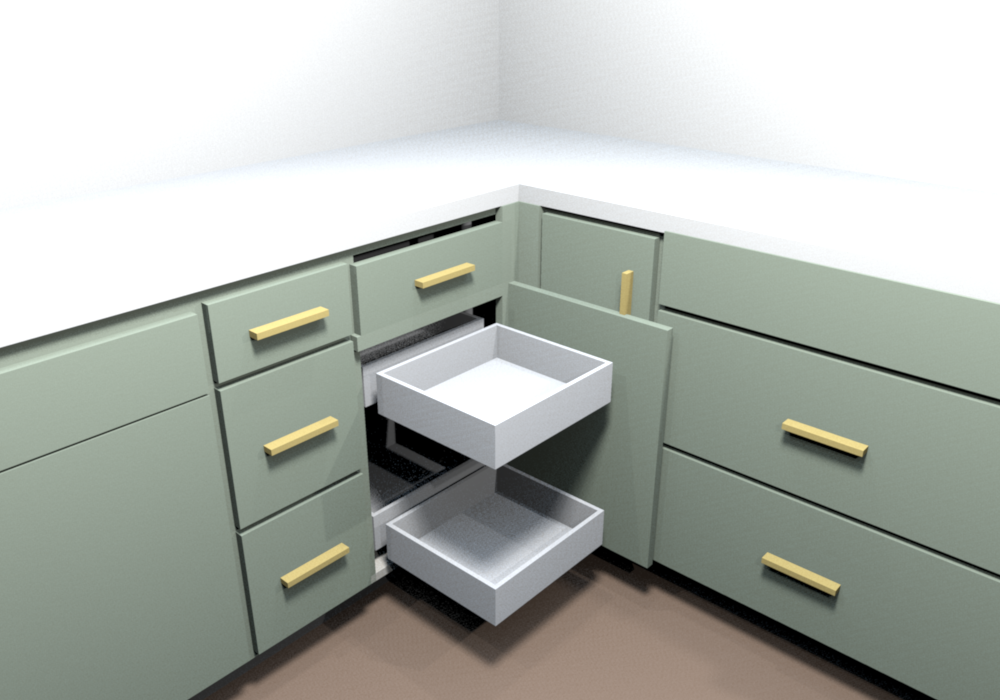 Corner C: BLB42/45 blind corner, 39 in box, 18 in door for a swing-out unit, needs 43 to 46 in of sink-run wall instead of 36 (the 9 in tray base goes)