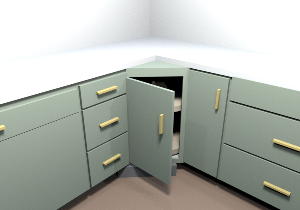 Corner D: CBS36 diagonal corner, 36 in on both walls, one 17 in door at 45° like the corner upper, round spin shelves