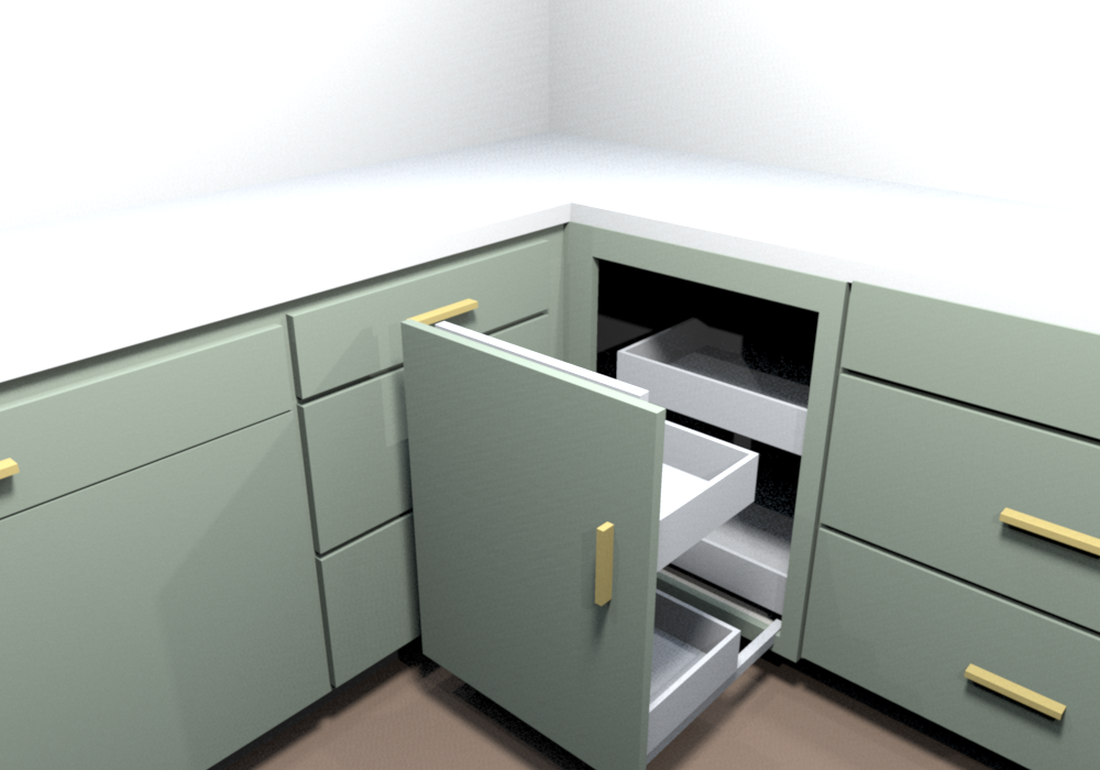Corner E: BLB45/48 FH blind box turned onto the cooktop run, 48 in of wall from the corner, one full-height 21 in door (17¾ in opening) beside the cooktop, mounted on the corner pull-out frame (no hinges, no drawer); the sink run gains 9 in, so B15 becomes B24. Chosen for v0.1.2