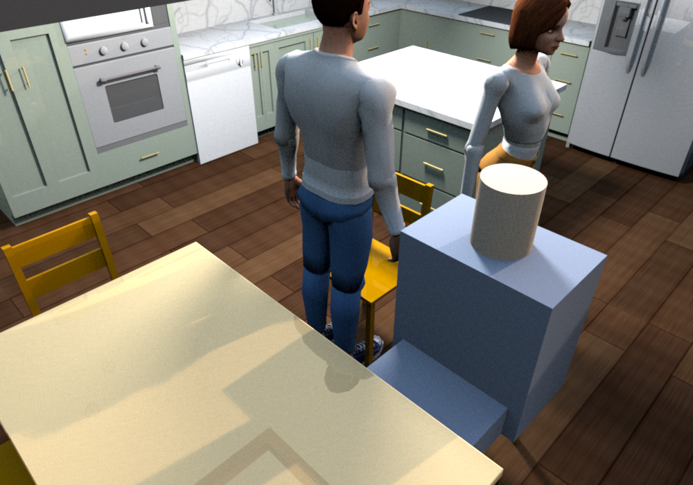 Dining clearance with the island slid 6 in east, from above the table: cooktop and fridge aisles gain 6 in, the diners lose it