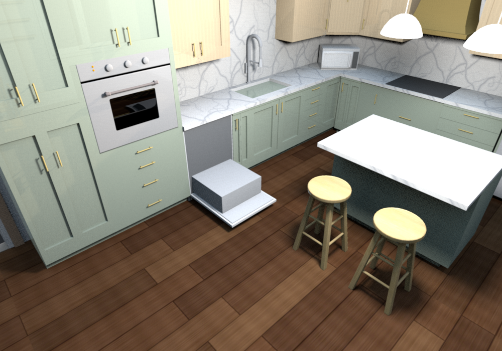 Dishwasher swapped (v0.1.0): TB9 beside the sink, dishwasher beside the oven tower. Door open, lower rack out