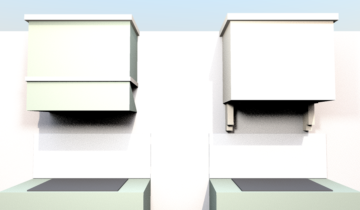 Hood styles: sage cabinet hood, maple box hood