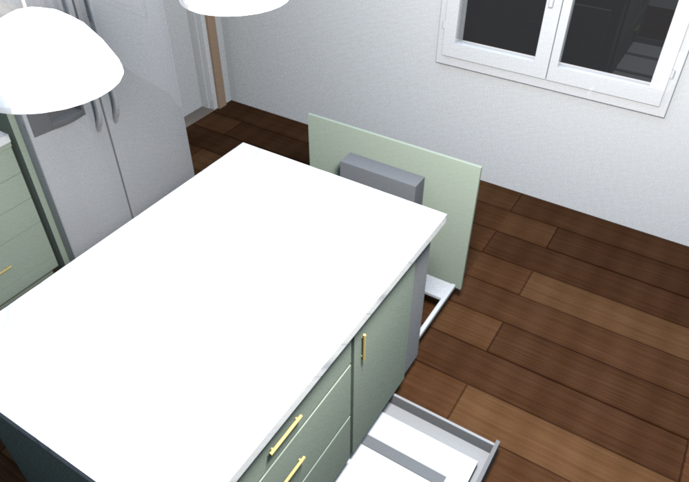 Island from the sink side: the plastic 2-step hung on the inside of the 6 in end pull-out
