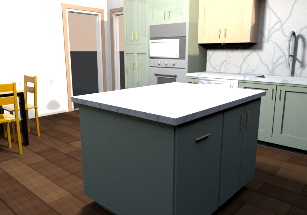Full-height trash: BWBB21-2 FH (two 50 qt bins behind one 21 in full-height door) at the north end, DB27 dish drawers, seen from the fridge corner