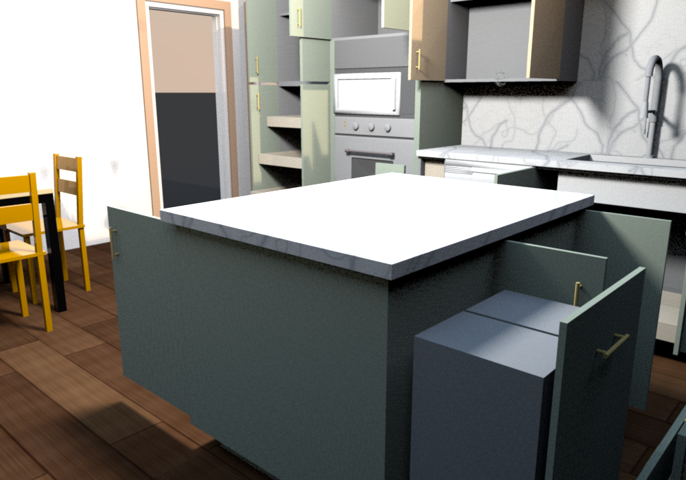 Full-height trash pull-out drawn out with its two 50 qt bins, everything else open