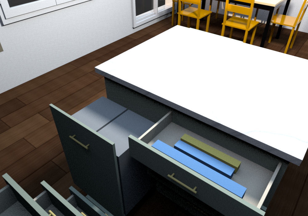 Reduced-depth drawers, cook side: DB27 RD-18 bank (15 in drawer boxes) behind the dish drawers, top drawer out with an 18 in extra-wide foil box, a 12 in foil box and plastic wrap to scale; full-height trash drawn out beside it