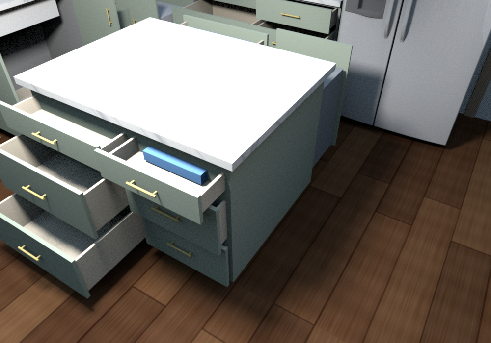 Reduced-depth drawers, dining side: DB21 RD-12 bank (9 in drawer boxes) behind the trash with a 12 in foil box, DB27 RD-18 dish drawers open