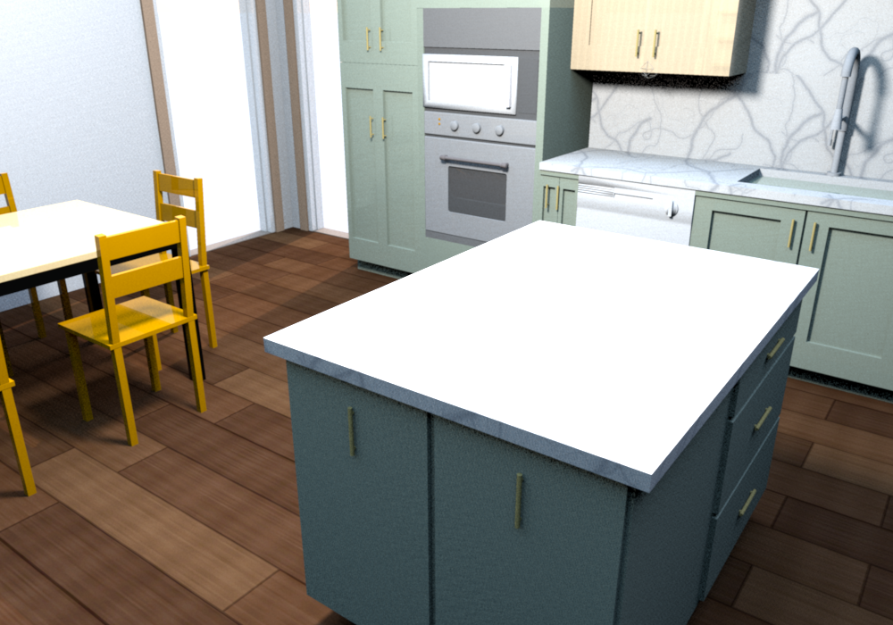 v0.1.9 island from the fridge corner: the two BWBB18 FH trash doors side by side on the north end (one 50 qt bin each), DB27 RD-18 drawers on the cook side, island 51 in long