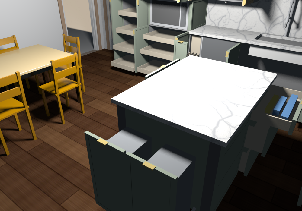 B open: both single-bin pull-outs drawn out, one 50 qt bin each, cook-side drawers open