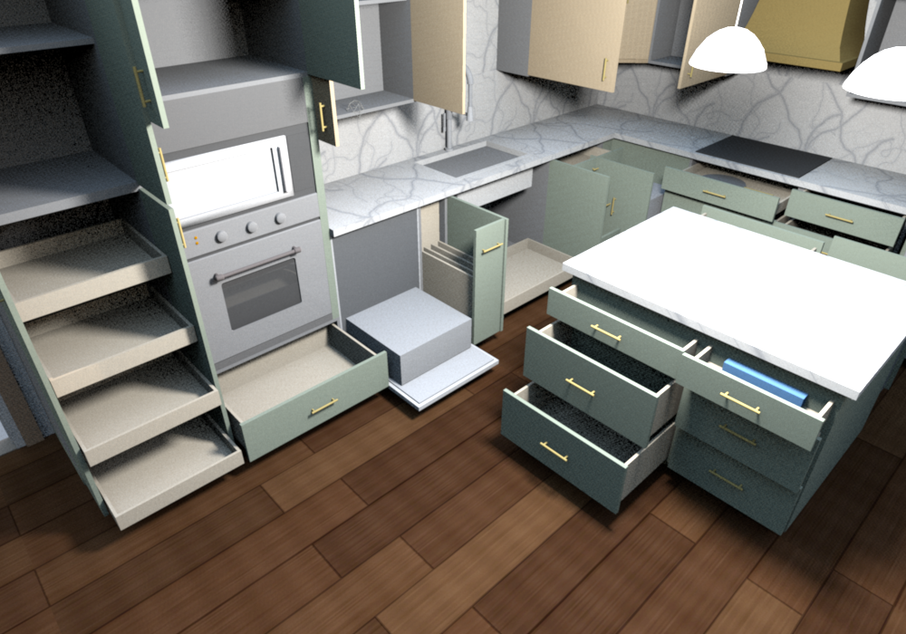Everything open (v0.1.5), from above the dining side: sink run with the DB24 three drawers, sink tray, TB9 vertical pull-out beside the sink, dishwasher beside the oven tower, island RD drawers staggered, oven drawer, corner pull-out, pantry roll-outs