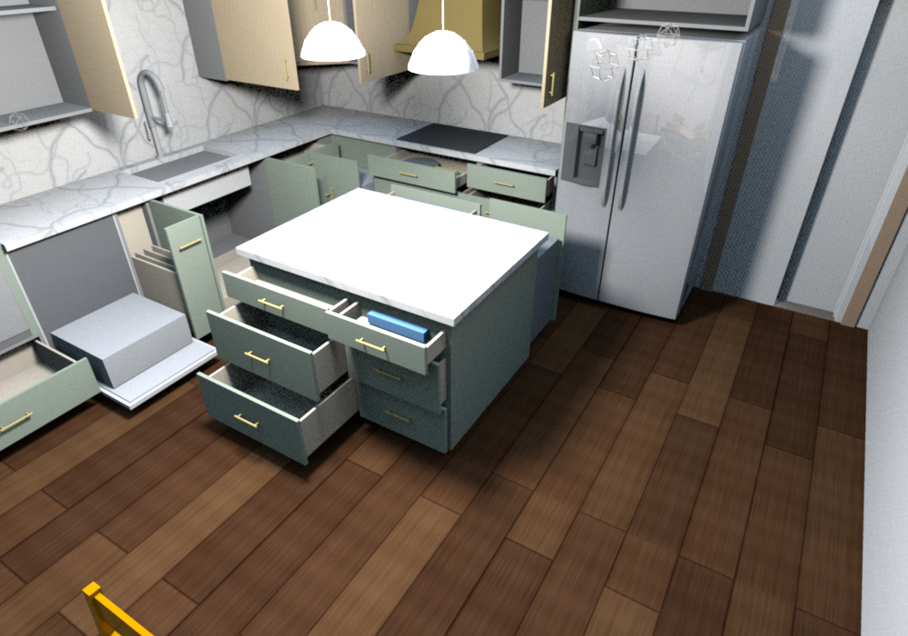 Everything open (v0.1.5), cooktop wall: the shallow void drawer with a skillet over the two pot drawers, drawers beside the fridge, uppers and the lift-up over the fridge