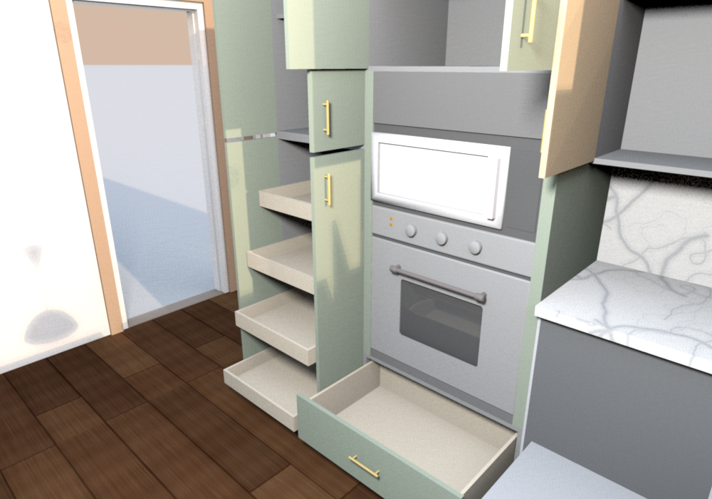 Everything open (v0.1.5), oven tower and pantry from the island: pantry roll-outs, oven doors, large drawer, dishwasher door down beside the tower