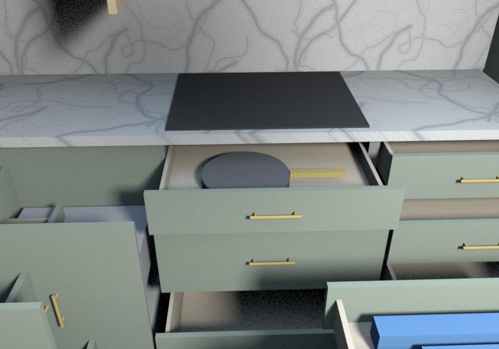 Everything open (v0.1.5), cooktop base from the island: the shop-made 3 in drawer in the cooktop void with a 12 in skillet, over the two deep pot drawers