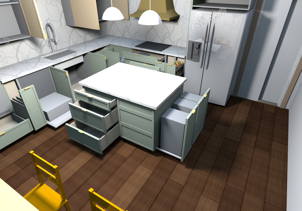 Everything open (v0.1.10), cooktop wall: utensil, spice and filler pull-outs drawn out beside the cooktop base, no uppers, quartz to the ceiling