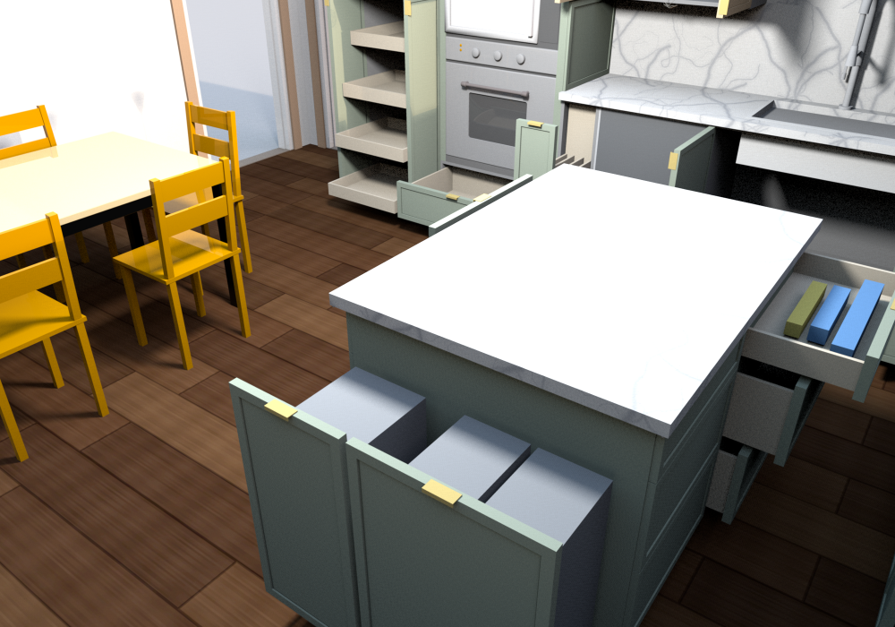 Everything open (v0.1.10), the island north end from the fridge corner: the BWBB21-2 FH double (two 50 qt bins) and the BWBB15 FH single drawn out
