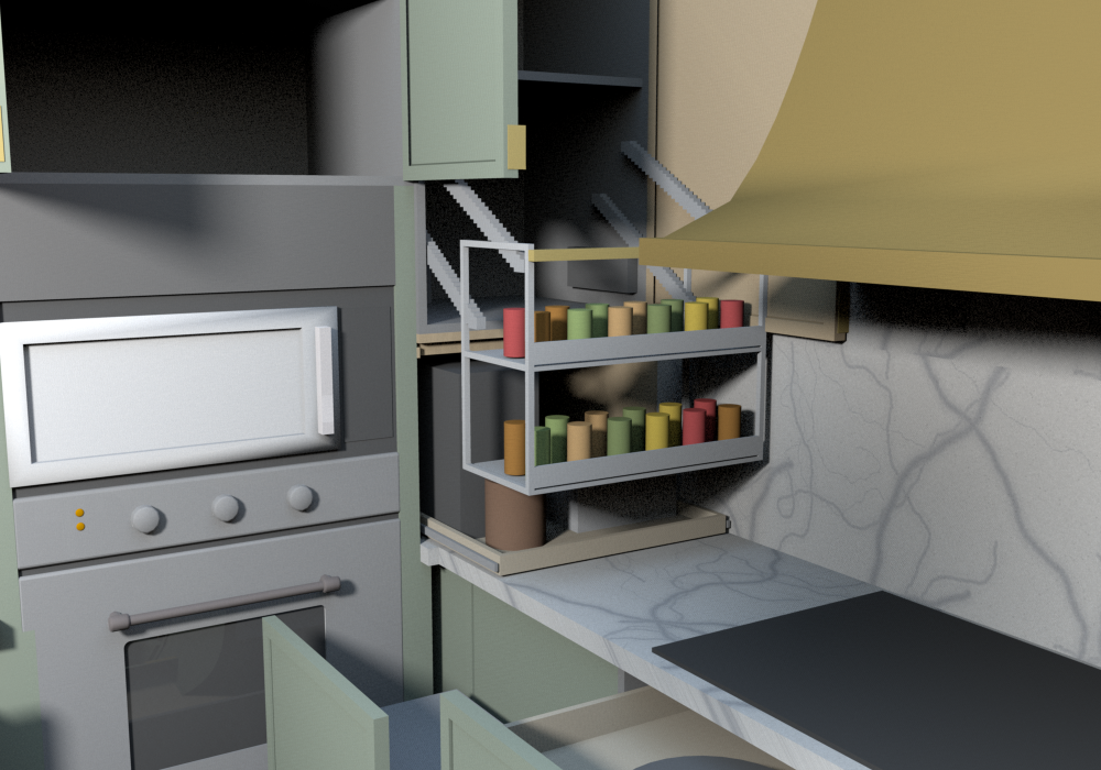 Everything open (v0.1.12), the corner beside the oven tower: the appliance garage door slid back into its pocket and the slide-out tray drawn out (toaster and coffee maker), and above it the 23 in deep W2442 with the Rev-A-Shelf 5PD-24 pull-down lowered on its arms