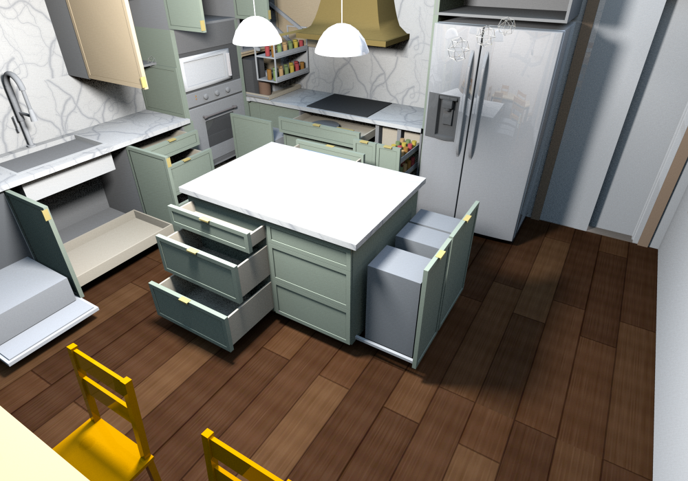 Everything open (v0.1.12), cooktop wall: utensil, spice and filler pull-outs drawn out beside the cooktop base