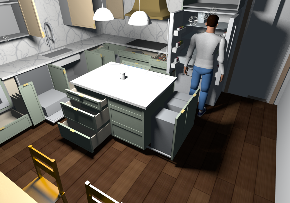 Everything open (v0.1.15), cooktop wall: the DB18 4DWR beside the cooktop base pulled out, SDIAK18 spice inserts in the three standard drawers, refills and tall canisters in the large one