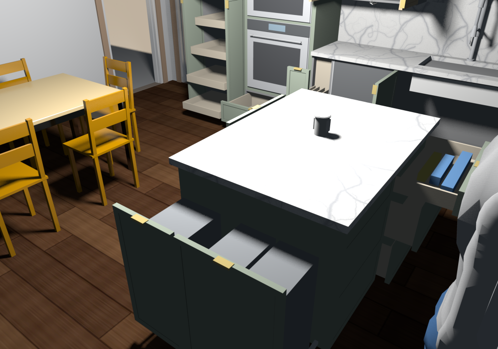 Everything open (v0.1.15), the island north end from the fridge corner, trash pull-outs drawn out