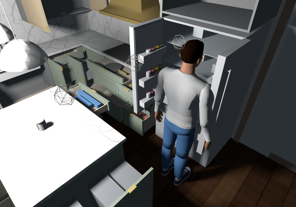Everything open (v0.1.15), the Bosch French-door fridge with both doors open 90 deg past the 28 in return: door swing against the island and the trash end