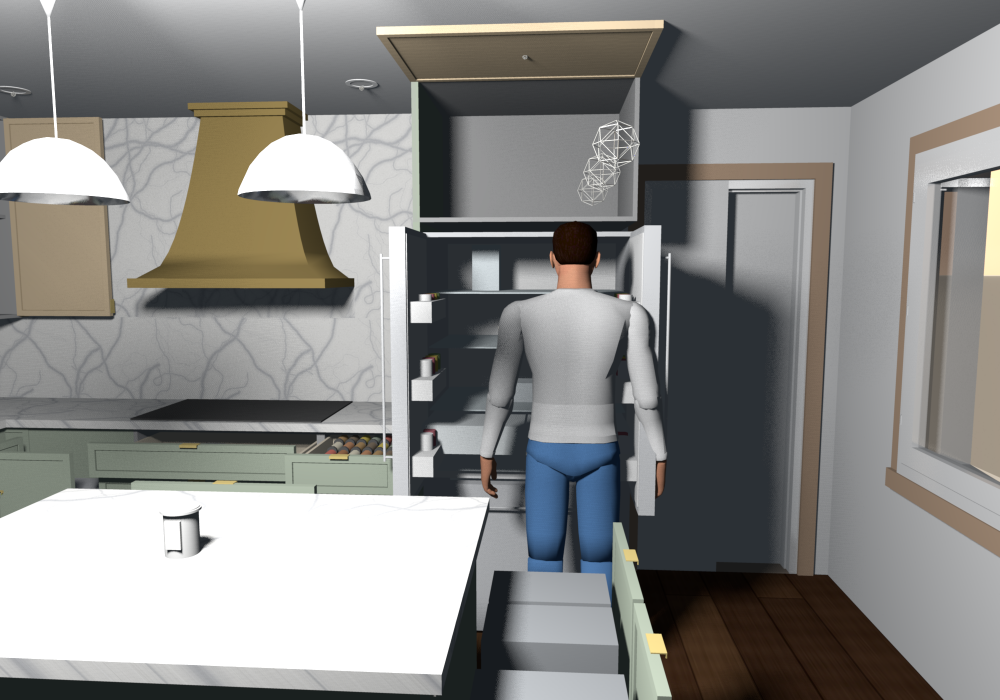 Everything open (v0.1.15), eye level from the dining side: both Bosch French doors open 90 deg, a person at the fridge, the island north end on the left