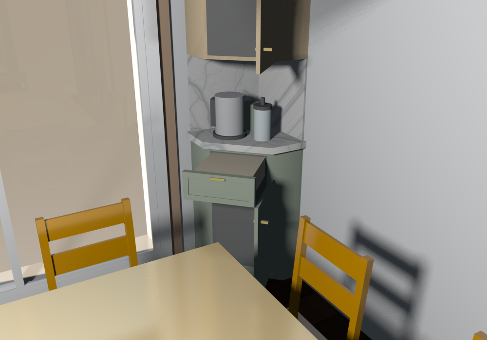 Everything open (v0.1.15), the coffee corner behind the table: B15 RD-12 drawer pulled out with tea and coffee, both doors open (a spare kettle below, mugs above)