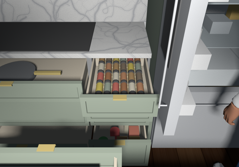 Everything open (v0.1.15), from above the DB18 4DWR beside the cooktop: SDIAK18 spice inserts in the standard drawers (jars on their sides, caps to the front), refills and tall Cajun canisters in the large drawer