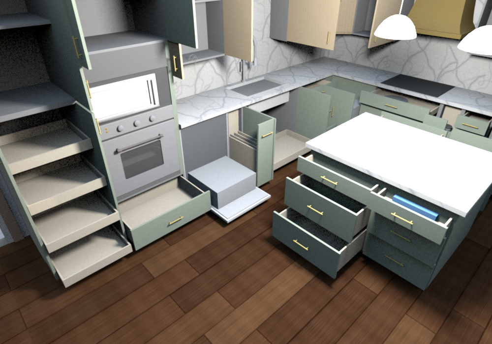 Everything open (v0.1.6), from above the dining side: sink run, island drawers staggered, oven tower, pantry roll-outs