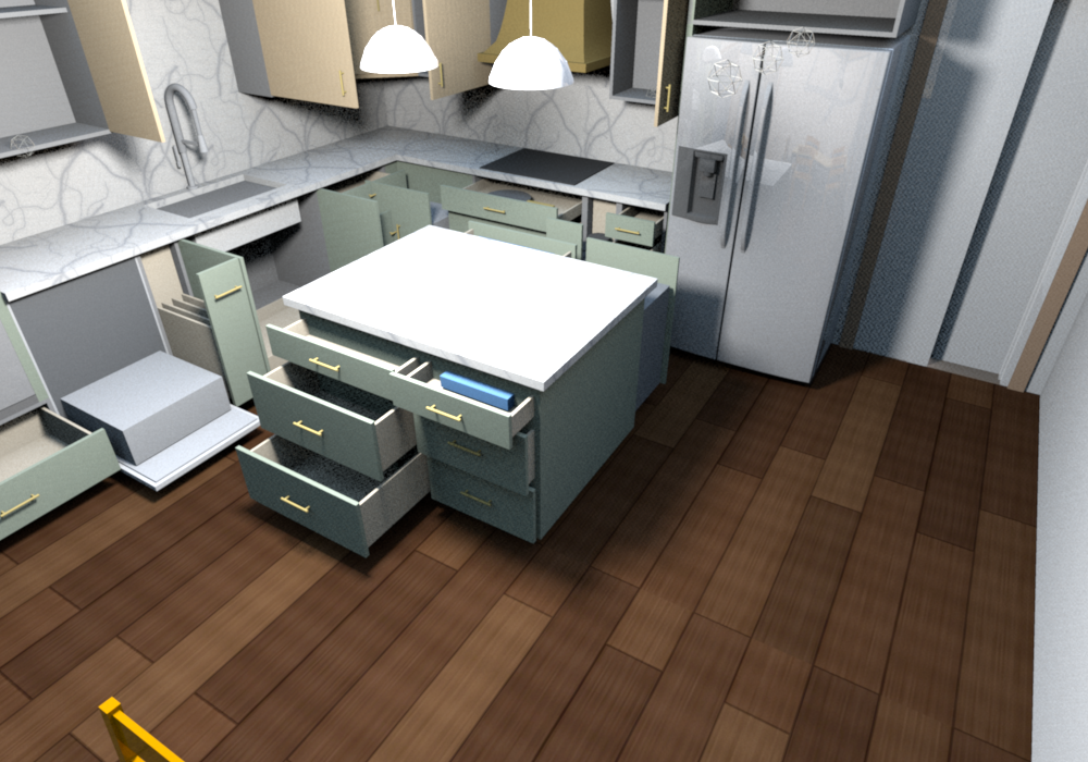 Everything open (v0.1.6), cooktop wall: the void drawer with the skillet over the pot drawers of the DB33, the utensil pull-out drawn out with its bins, DB12 drawers beside the fridge