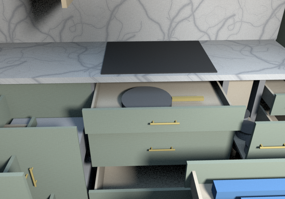 Everything open (v0.1.6), cooktop base from the island: the shop-made 3 in drawer with a 12 in skillet over the two deep pot drawers, the utensil pull-out beside it
