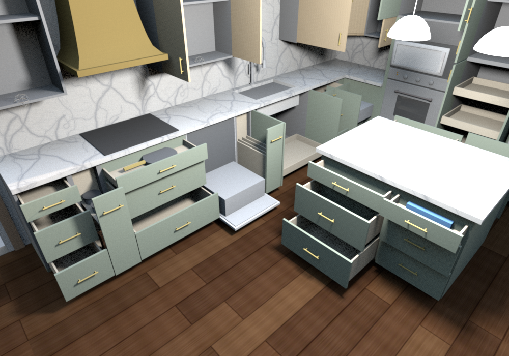 Everything open (v0.1.7), from above the dining side: sink run, cooktop base and utensil pull-out east of the dishwasher, island drawers staggered, oven tower and pantry on the west wall