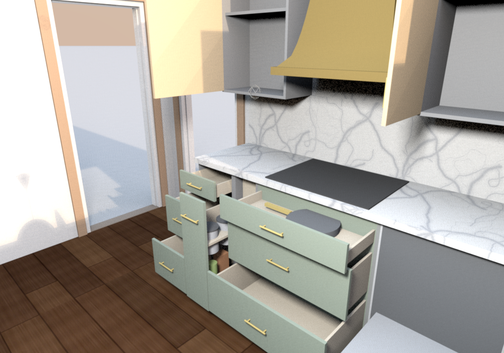 Everything open (v0.1.7), the cooktop wall from the island: void drawer with the skillet over the pot drawers, utensil pull-out with its bins, DB15 drawers to the doorway, W2442 doors open