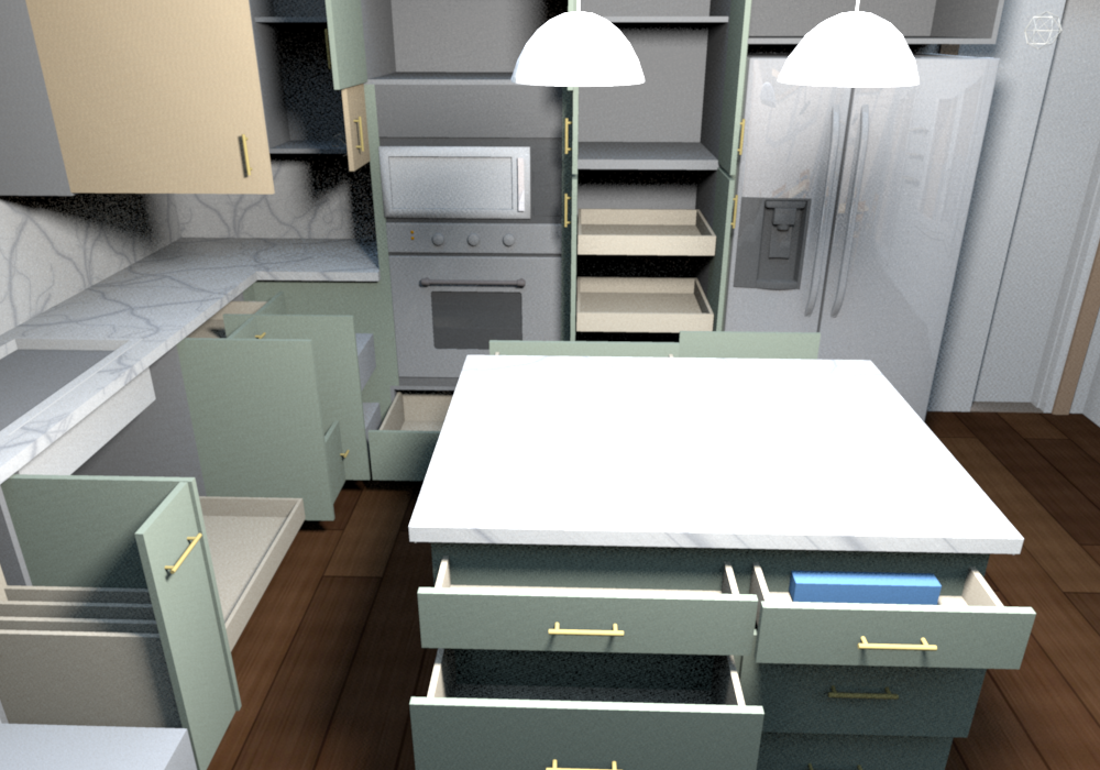 Everything open (v0.1.7), west wall from the dining side: pantry roll-outs beside the fridge, oven tower doors and large drawer open, corner pull-out drawn out