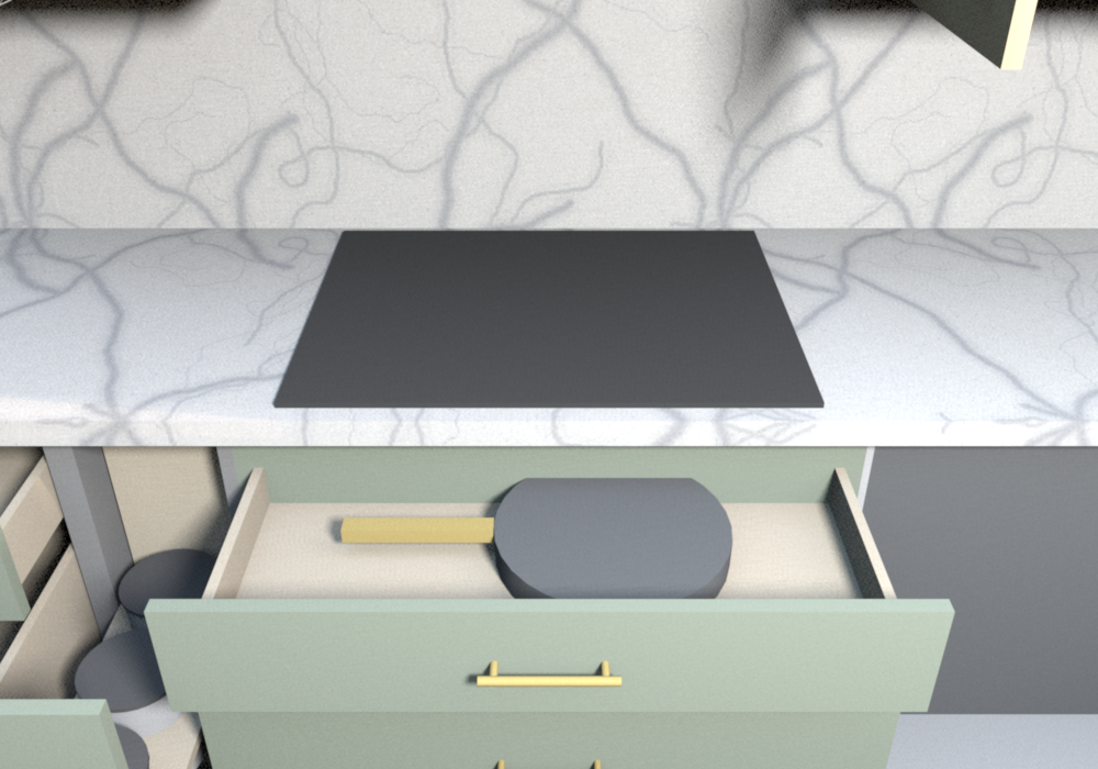 Everything open (v0.1.7), cooktop base straight on: the shop-made 3 in drawer in the cooktop void with a 12 in skillet, over the two deep pot drawers