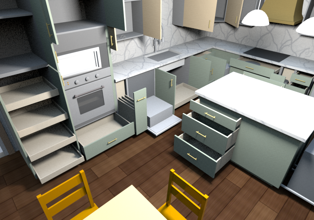 Everything open (v0.1.9), from above the dining side: dishwasher beside the sink, island drawers staggered on both long sides, oven tower drawer, pantry roll-outs