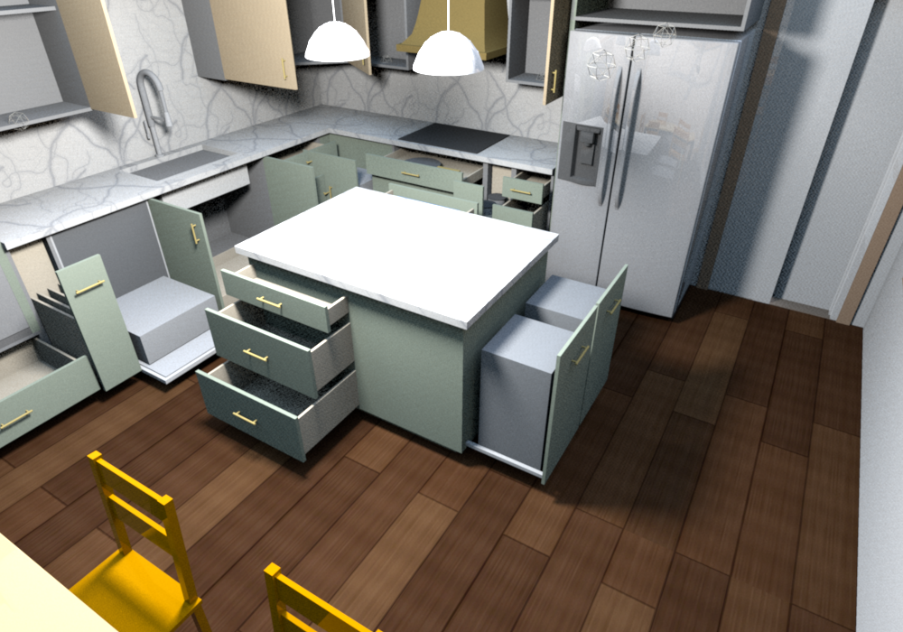 Everything open (v0.1.9), cooktop wall: void drawer with the skillet over the pot drawers, utensil pull-out drawn out with its bins, DB12 drawers beside the fridge