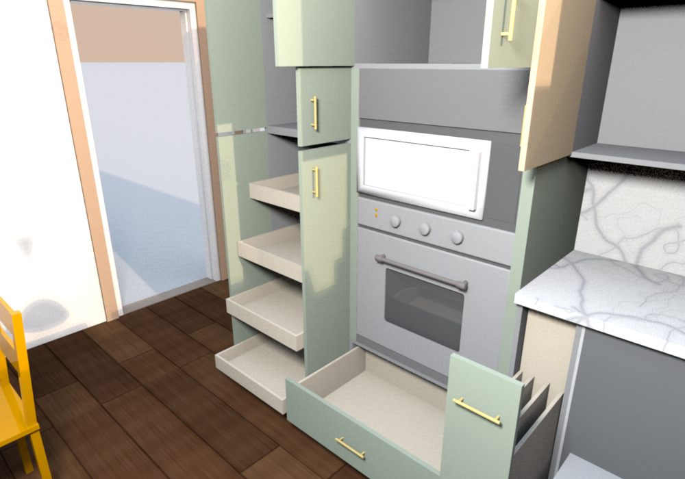 Everything open (v0.1.9), oven tower and pantry from the island, TB9 drawn out beside the tower