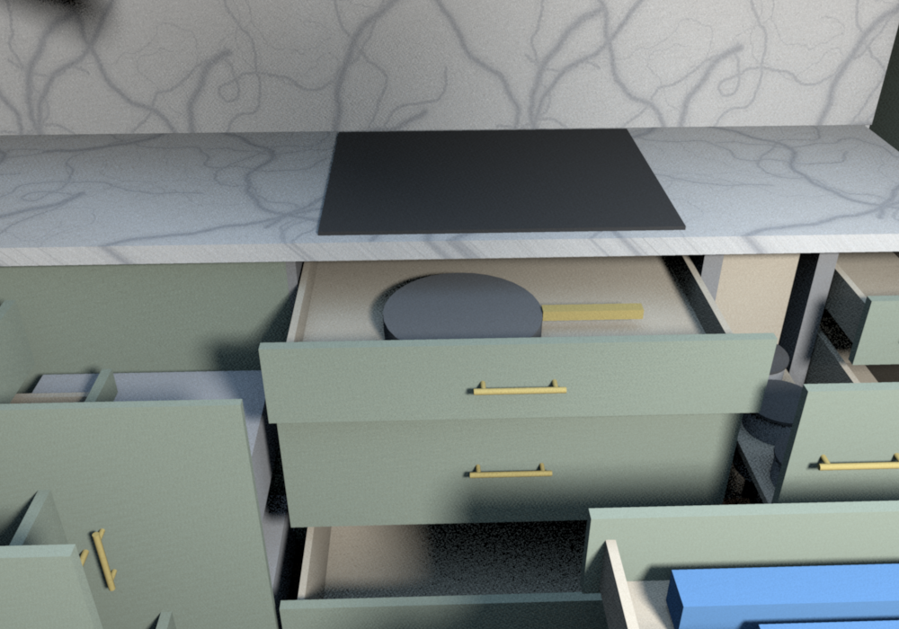 Everything open (v0.1.9), cooktop base from the island: the 3 in void drawer with a 12 in skillet over the two pot drawers