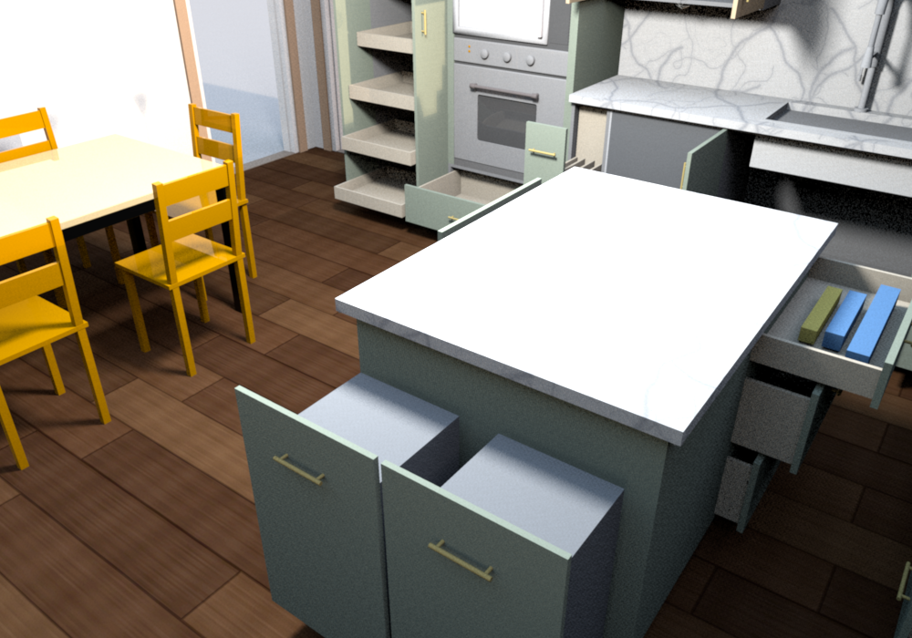 Everything open (v0.1.9), the island north end from the fridge corner: both BWBB18 FH pull-outs drawn out with their 50 qt bins, cook-side DB27 RD-18 drawers open