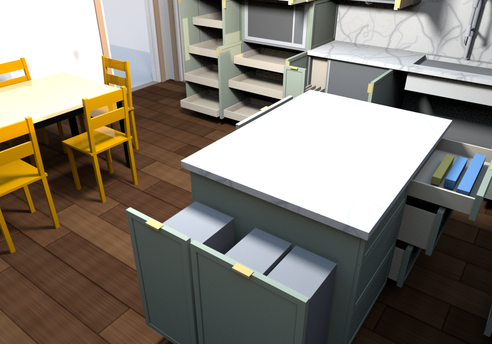 Everything open (v0.2.1), the island north end from the fridge corner: the BWBB21-2 FH double (two 50 qt bins) and the BWBB15 FH single drawn out