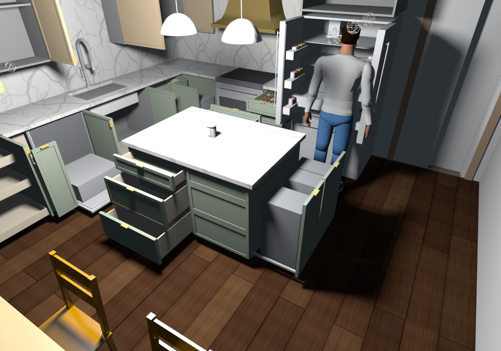 Everything open (v0.2.2), the range wall: the DB18 4DWR beside the range pulled out, SDIAK18 spice inserts in the three standard drawers, refills and tall canisters in the large one