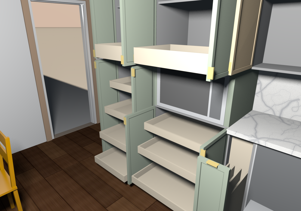 Everything open (v0.2.2), the microwave tower and pantry from the island: sliding shelves under the microwave