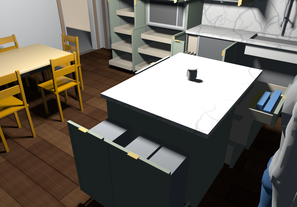 Everything open (v0.2.2), the island north end from the fridge corner, trash pull-outs drawn out
