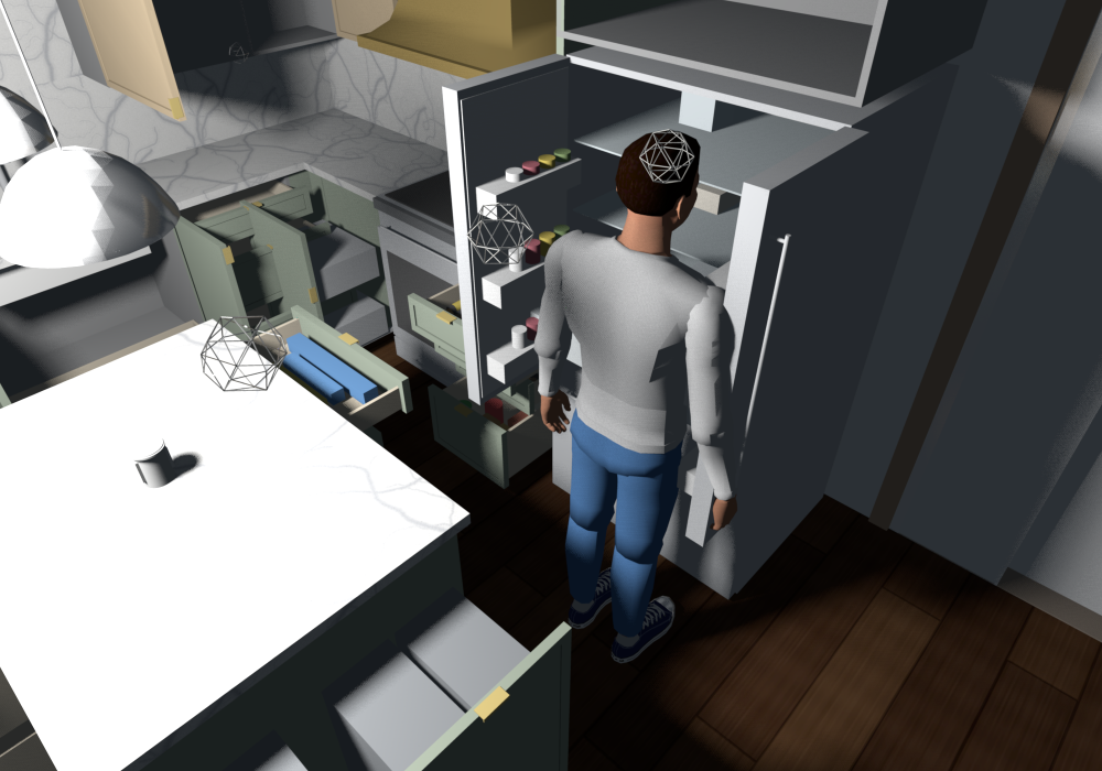Everything open (v0.2.2), the Bosch French-door fridge with both doors open 90° past the 28 in return