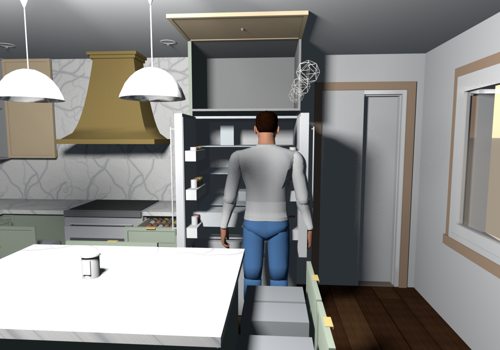 Everything open (v0.2.2), eye level from the dining side: both fridge doors open, a person at the fridge